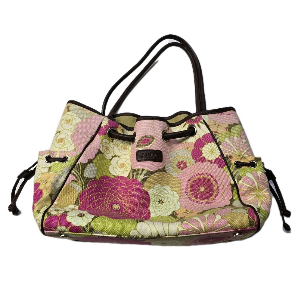 Spartina 449 Floral Hobo Bag Linen Faux Leather Purse Side Pockets Pink Green